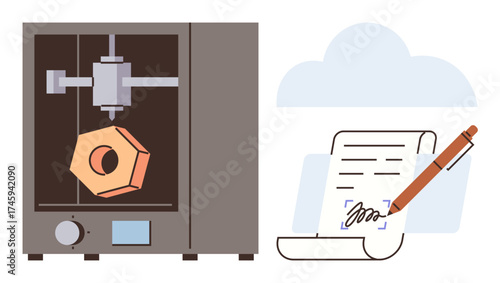 3D printer manufacturing hexagonal object beside digital signing of a document, emphasizing innovation, technology, and creativity. Ideal for tech, design, automation, digital workflow, innovation