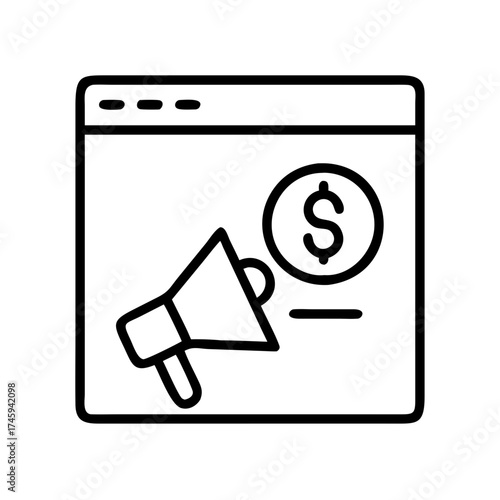 Vector art of online advertising campaign on website megaphone and dollar sign for marketing, promotion, and financial growth strategy