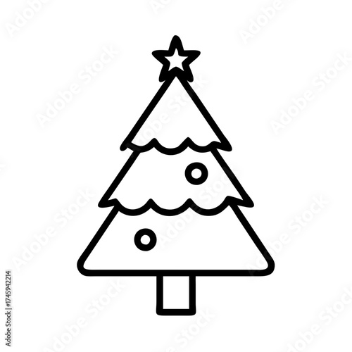 Vector art of a minimalist line drawing of a christmas tree with star and ornaments, ideal for holidaythemed designs