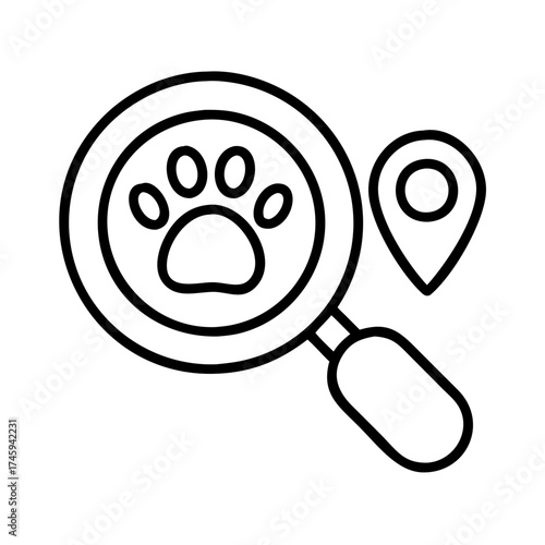 Vector art of pet search icon a magnifying glass focuses on a paw print, with a location pin indicating nearby pet services