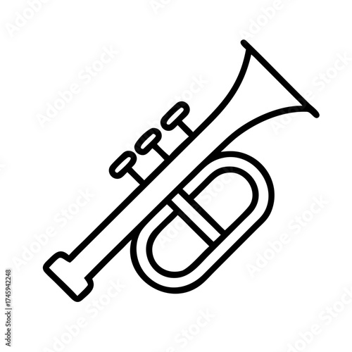 Illustration of a trumpet, a brass instrument used in music, with a simple and clean line art style design