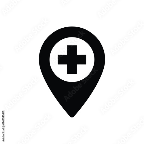 Black medical location pin icon plus symbol solid glyph -  icon vector illustration - Logo vector icon symbol stock illustration