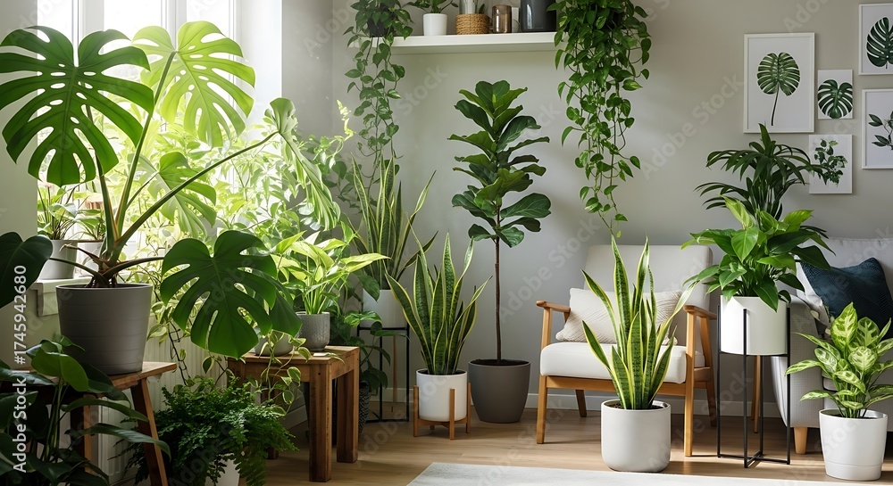 Fototapeta premium Cozy Sunlit Room with Lush Indoor Plants Urban Jungle Decor Greenery.