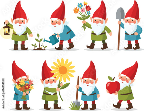 A charming set of eight cartoon garden gnomes with red hats performing various gardening tasks.
