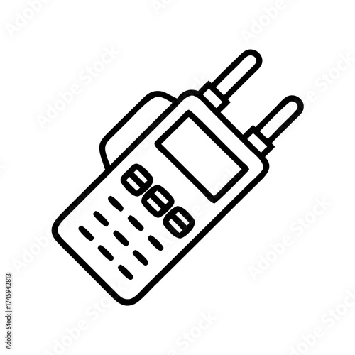 Vector art of a black and white line drawing of a walkie talkie, a portable two way radio transceiver for communication