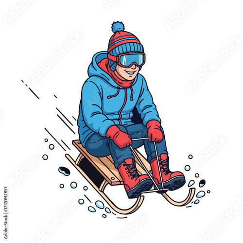 A cheerful person in a blue jacket and beanie sledding downhill on a classic wooden toboggan.