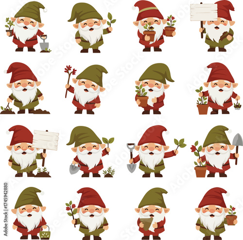 A collection of cute cartoon garden gnomes with red and green hats holding gardening tools and plants.