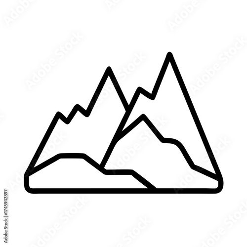 Vector art of detailed mountain range illustration, showcasing rugged peaks and valleys with intricate linework and a sense of depth