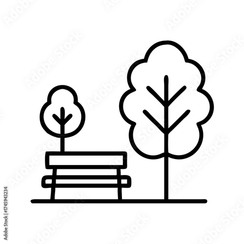 Vector art of park icon, a simple line drawing of a bench and trees in a park, vector illustration of outdoor space