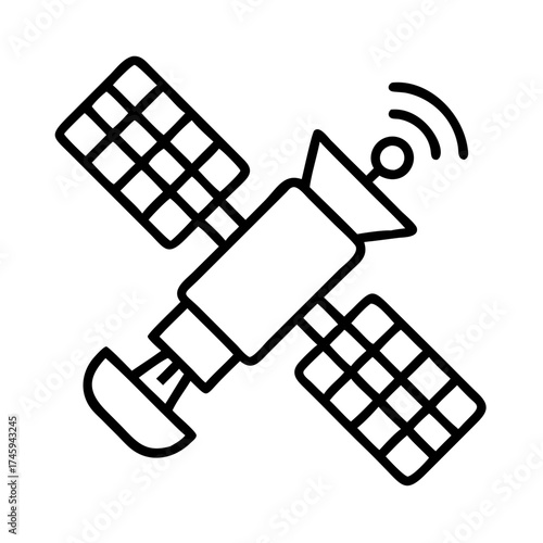 Vector art of satellite icon spacecraft with solar panels orbiting earth for communication and data transmission in simple line art