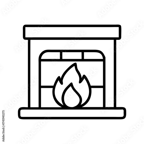 Illustration of a fireplace with a burning flame, , representing warmth, comfort, and home in a simple line art style