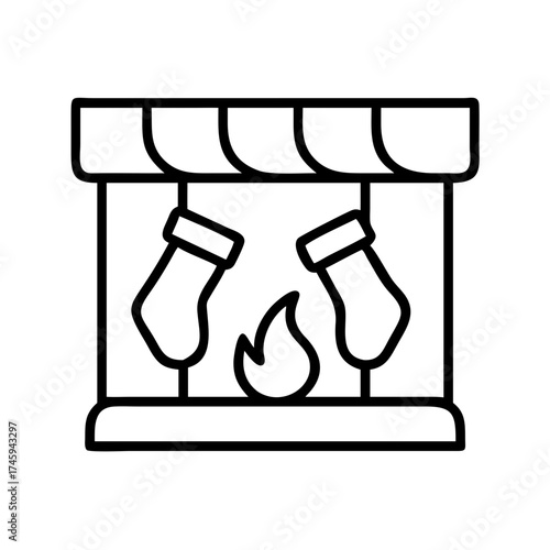 Vector art of festive fireplace icon, a simple outline illustration with stockings for christmas and holiday cheer, vector design