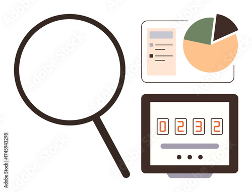 Magnifying glass, pie chart, and digital counter for exploring data, metrics, and performance. Ideal for analytics, research, monitoring problem-solving reporting strategy and assessment. Simple