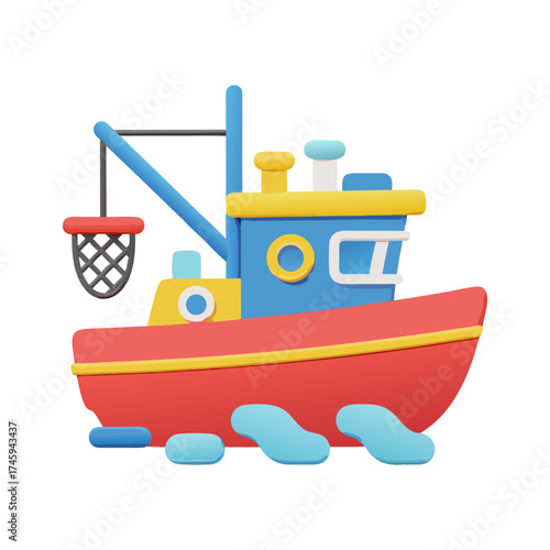A colorful cartoon fishing boat with a crane and buoys, rendered in a playful, three-dimensional style.