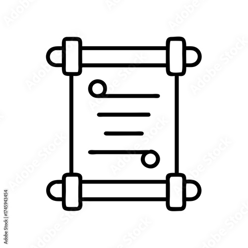 Vector art of scroll with text, an ancient manuscript with rolled edges, conveying knowledge, history, and storytelling in a simple line art