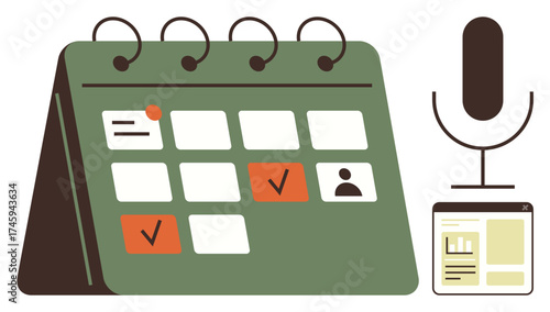 Green desk calendar with marked dates, microphone, and document window. Ideal for scheduling, planning, organization, productivity, interviews task management and project workflow. Simple flat