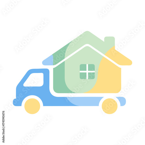 A flat vector illustration of a blue moving truck carrying a stylized colorful house icon. This graphic represents home moving, delivery, and relocation services on a white background.