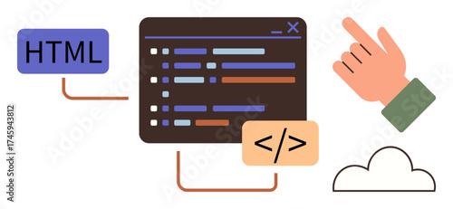 Code snippet window with highlighted lines linked to HTML and code tags, pointing hand, and cloud. Ideal for programming, web development, coding, cloud computing, learning, software simple flat