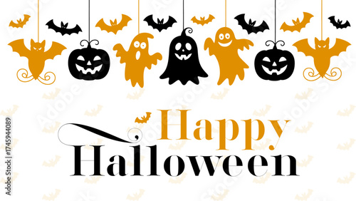 Festive happy halloween design with hanging bats ghosts and pumpkins in black and orange against a white background for seasonal greetings