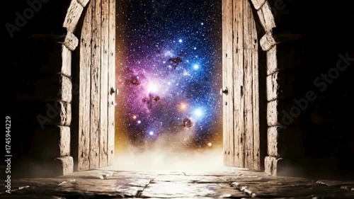 Open Door To The Unknown. cinematic surreal open door glowing with bright light leading into a mystical galaxy and fog-filled space, symbolizing opportunity, future, freedom, and imagination