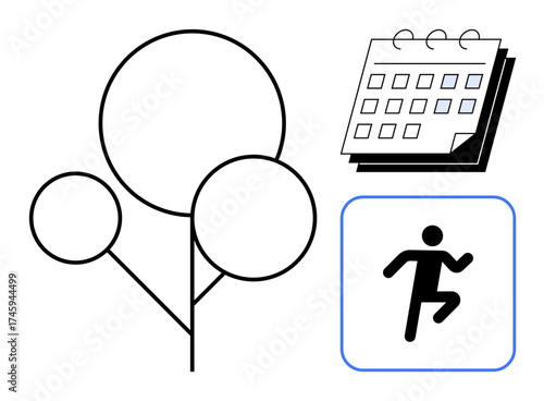 Minimalist tree design, calendar, and active figure in motion capture healthy lifestyle, fitness, nature interaction, goal setting, productivity, balance motivation time management. Simple flat