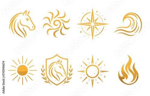 Golden mystical symbols collection featuring celestial and nature motifs