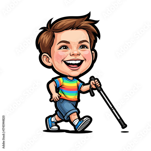 Happy Visually Impaired Boy Walking with a White Cane. Smiling Child with Disability, Independence, and Inclusion Concept.