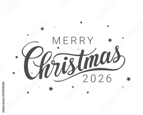 Merry Christmas 2026 lettering calligraphy with stars on white background, inscription holiday logo icon element. Vector illustration
