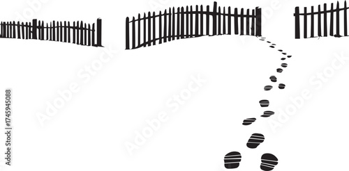 Footprints in snow drawing winter scene fence graphic design simple illustration