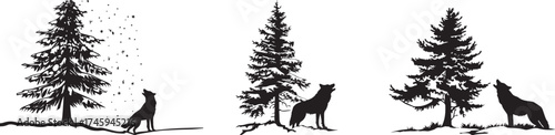  Silhouette of a lone wolf howling under a snowy pine tree vector illustration silhouette nature drawing design art