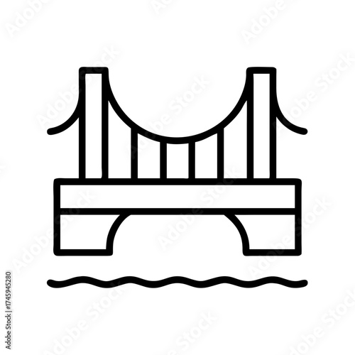 Vector art of minimalist bridge icon over water, representing connection, travel, and architectural design in a simple line drawing
