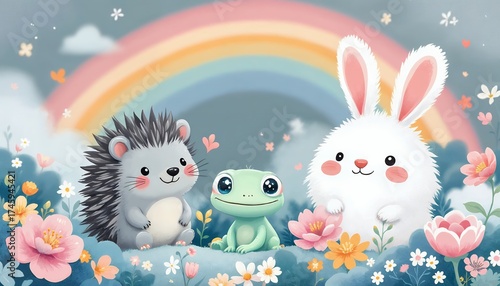 Rainbow Friends A whimsical illustration of a hedgehog, frog, and bunny in a flower garden with a rainbow