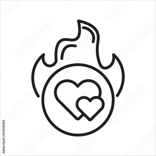 Set of burning hearts. Collection of orange flaming heart for Valentine's day.