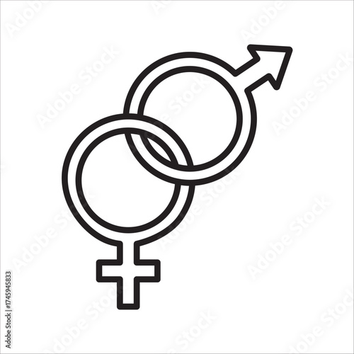 Gender concept illustration displaying intertwined male and female symbols, representing equality, unity, and diverse human relationships. This graphic embodies connection and balance between genders