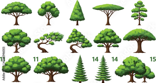 Collection of stylized illustrations depicting various types of trees, each with unique shapes and foliage details for design purposes