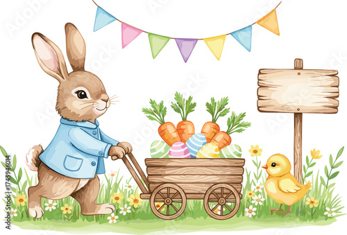 Charming Easter bunny pushing a wheelbarrow full of colorful eggs and carrots, with a small chick nearby under festive bunting