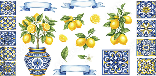 Watercolor lemons on tree and branches with blue and yellow ceramic tiles and ribbons