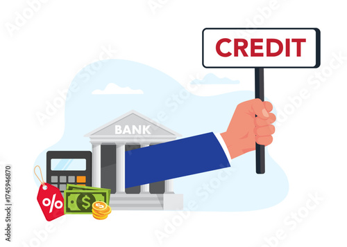 The credit manager of the bank invites you to the bank to get a loan. Building and stack of coins and cash. Financial consultant. Protect money, save wealth vector stock illustration.
