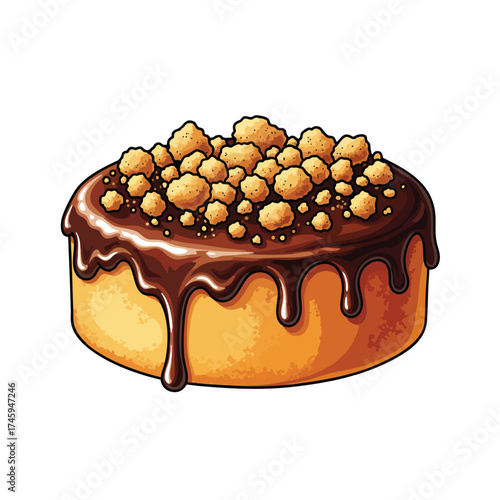 A delicious illustrated cake topped with dripping chocolate sauce and crunchy crumbles.