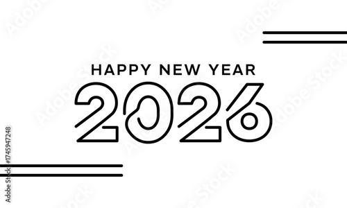 2026 Happy New Year line abstract minimalism style number. Design template cover for banner, poster, calendar, greeting card, social media. Vector illustration black white