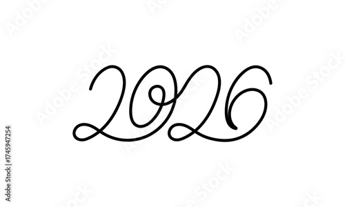 2026 Happy New Year line art hand drawn sketch number. Design template cover for banner, poster, calendar, greeting card, social media. Vector illustration black white