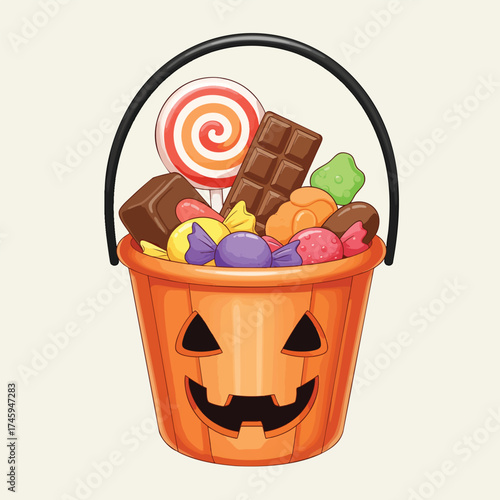 A festive orange jackolantern Halloween bucket filled with a variety of colorful candy and chocolate treats.