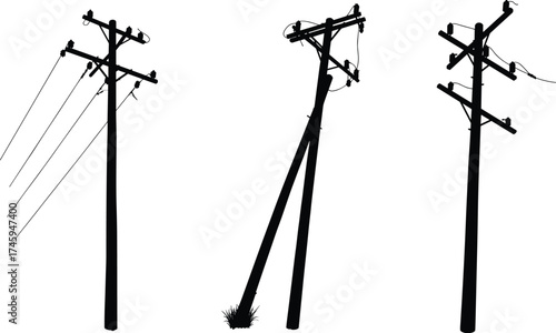 Silhouette utility poles damaged and intact, broken crossarm, leaning pole, electrical distribution system, urban infrastructure, energy grid, overhead lines illustration