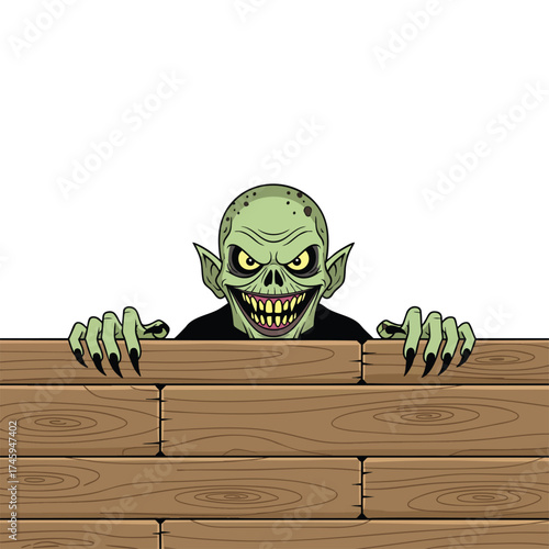 A menacing green goblin with sharp teeth and glowing eyes peeking over a wooden fence.