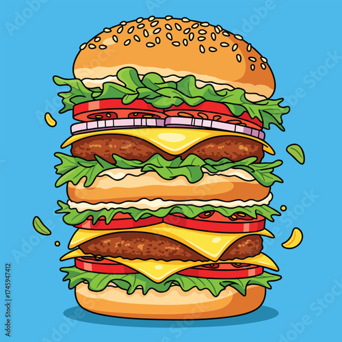 A tall stacked double cheeseburger cartoon illustration with fresh toppings and a sesame seed bun.