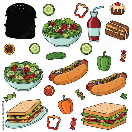A vibrant handdrawn collection of various fast food and lunch items like sandwiches hot dogs salads and desserts.