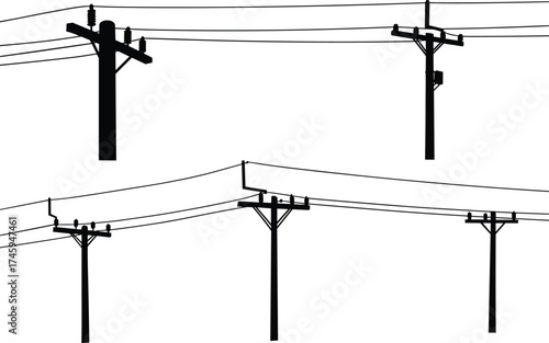 Silhouette utility poles with power lines, electrical distribution system, urban infrastructure, energy grid, overhead wires, electricity, engineering, black and white illustration