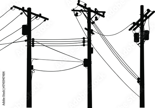 Silhouette utility poles with transformers, crossarms, insulators, electrical components, power lines, energy distribution system, urban infrastructure, electricity grid illustration