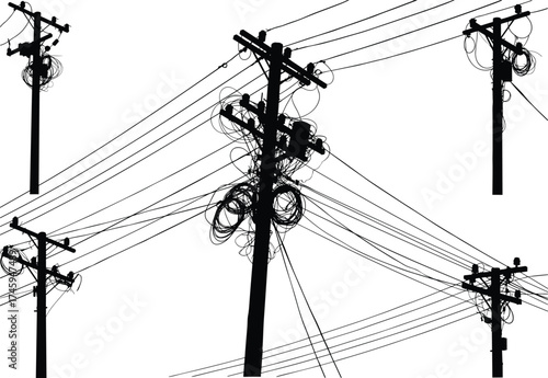 Silhouette utility poles with tangled wires, electrical infrastructure, urban power grid, complex network, overhead lines, energy distribution, engineering illustration
