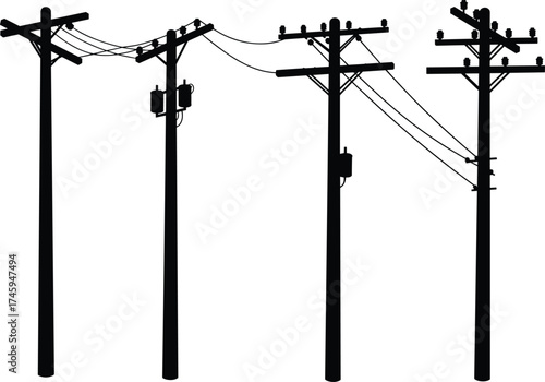 Silhouette utility poles with transformers, crossarms, insulators, electrical components, power lines, energy distribution system, urban infrastructure, electricity grid, overhead wires illustration